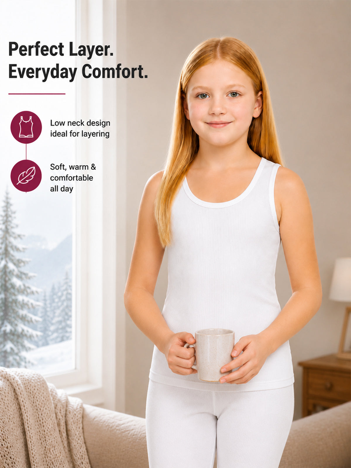 Girls Antibacterial Sleeveless Thermal Top with Round Neck Design for Winter Base Layering and Cold-Weather Comfort