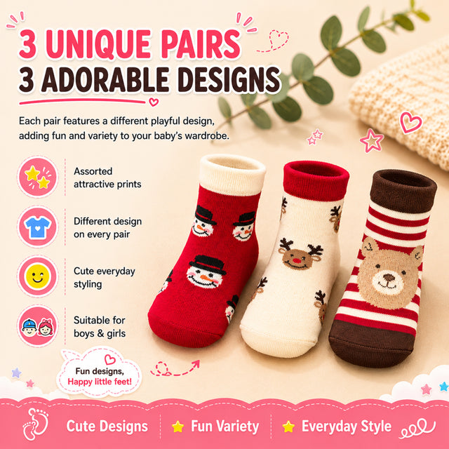 Anti Skid Ankle Length Socks for Infants Pack of 3, Soft Breathable Stretchable for daily wear