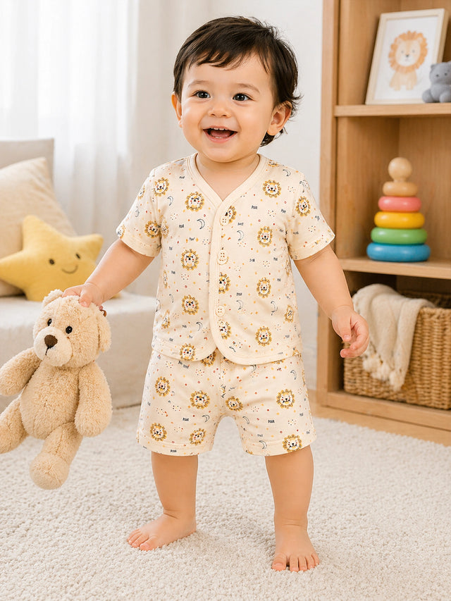 Baby 100% Cotton Spandex Front Open Half Sleeves Short Suit for Everyday Comfort, Easy Dressing and Regular Wear