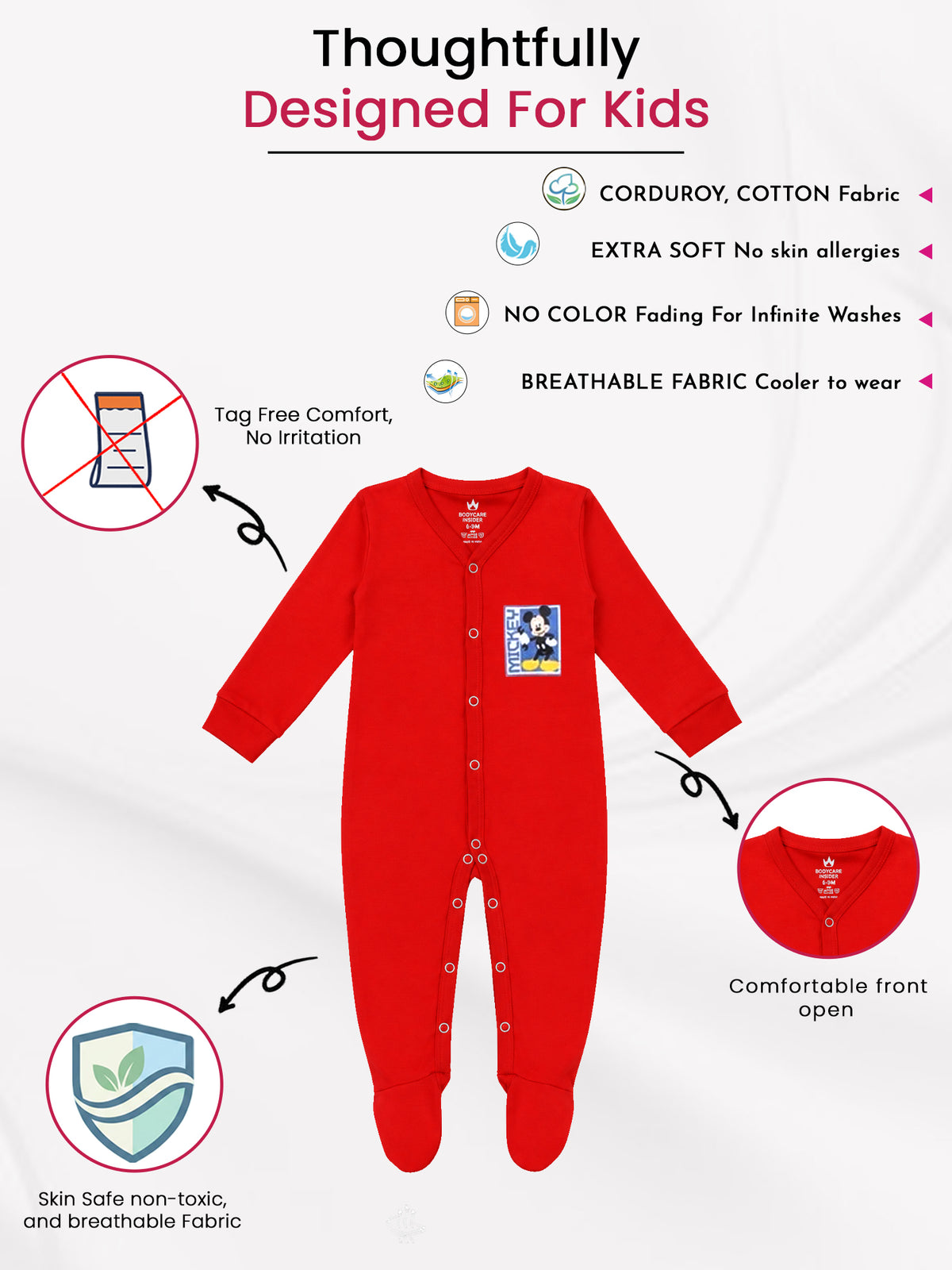 Baby Boys 100% Cotton Front Open Full Sleeve Romper with Sleepsuit Comfort and Easy Dressing for Everyday Use