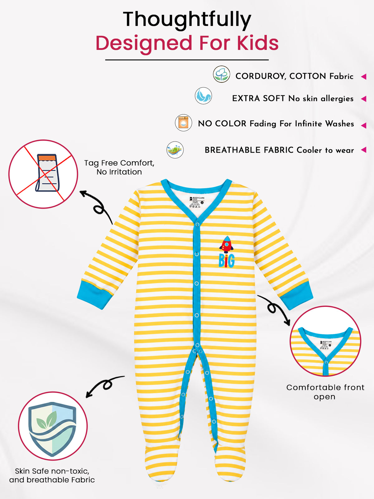 Unisex Baby 100% Cotton Full Sleeve Romper with Front Open Design for Sleepsuit Comfort and Easy Everyday Dressing