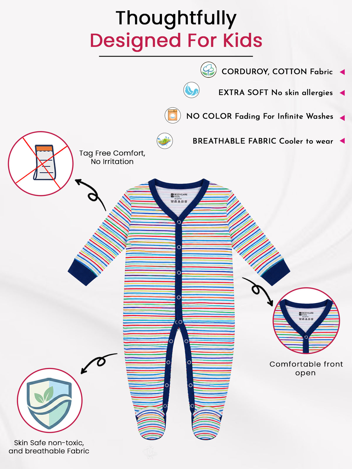 Unisex Baby 100% Cotton Front Open Full Sleeve Romper with Sleepsuit Comfort and Easy Dressing for Everyday Use