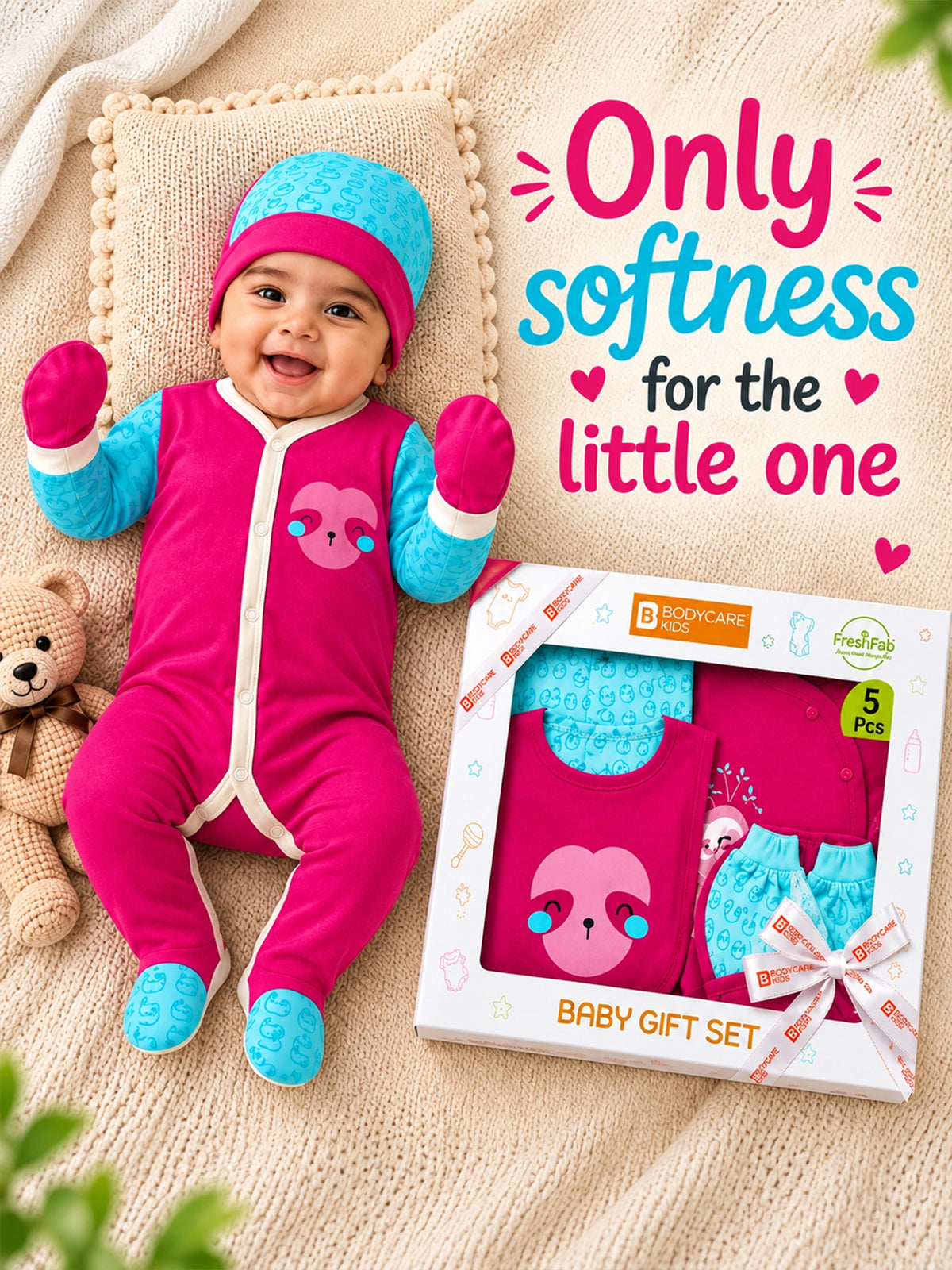 Bodycare Newborn Baby Gift Set for Boys & Girls, Cotton Clothing Set, Hospital Ready Combo Gift Hamper (5 Pcs, 0-6 Months)