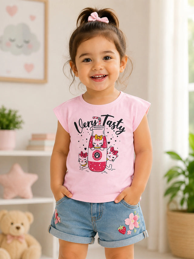 Baby Girls Round Neck Half Sleeve T-Shirt for Casual Wear, Easy Movement, Everyday Comfort and Regular Wardrobe Use