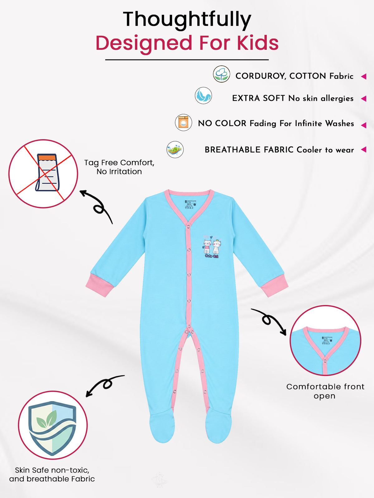 Unisex Baby Full Sleeve Front Open Romper in 100% Cotton for Sleepsuit Comfort, Easy Changing and Everyday Babywear
