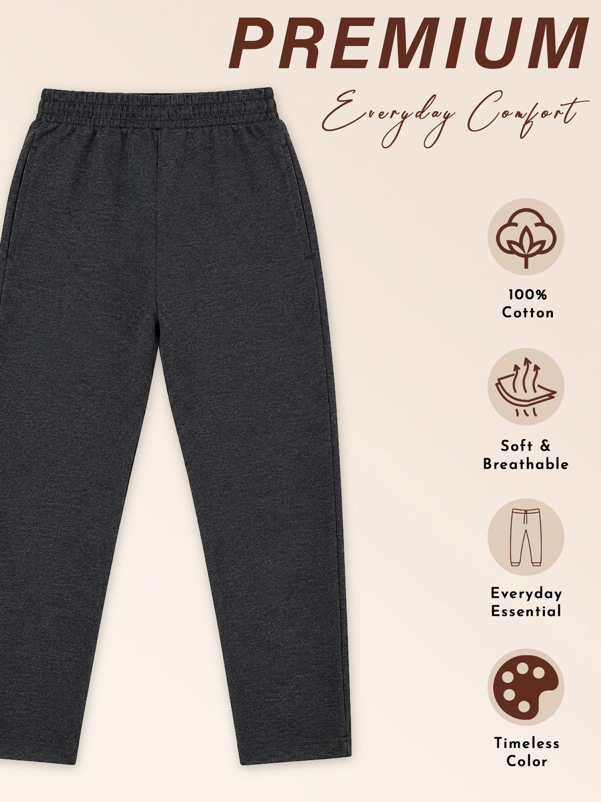 Boys 100% Cotton Solid Track Pant Joggers with Elastic Waist for Casual Wear, Regular Fit and Easy Movement