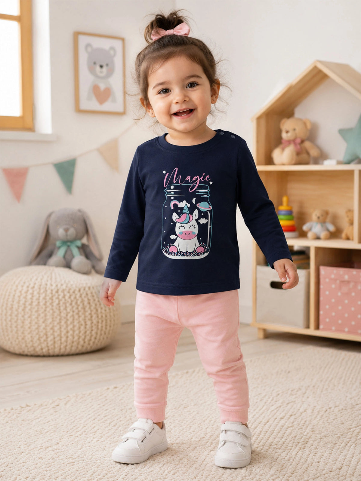 Baby Girls Shoulder Open T-Shirt Full Sleeves Casual Wear Top for Easy Dressing, Playtime and Regular Use