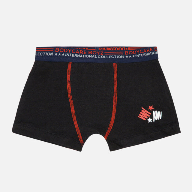 Black boys' boxer briefs with red stitching, printed waistband, and star graphic design