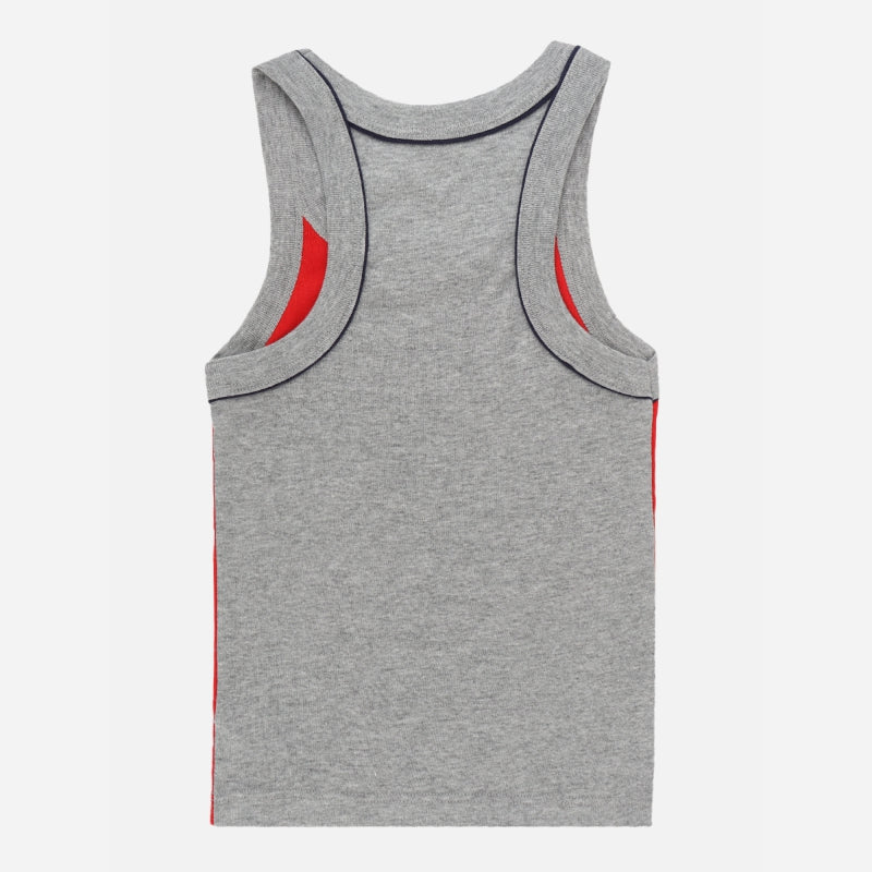 Kids grey sleeveless cotton vest with contrast red accents and soft stitched edges, back view