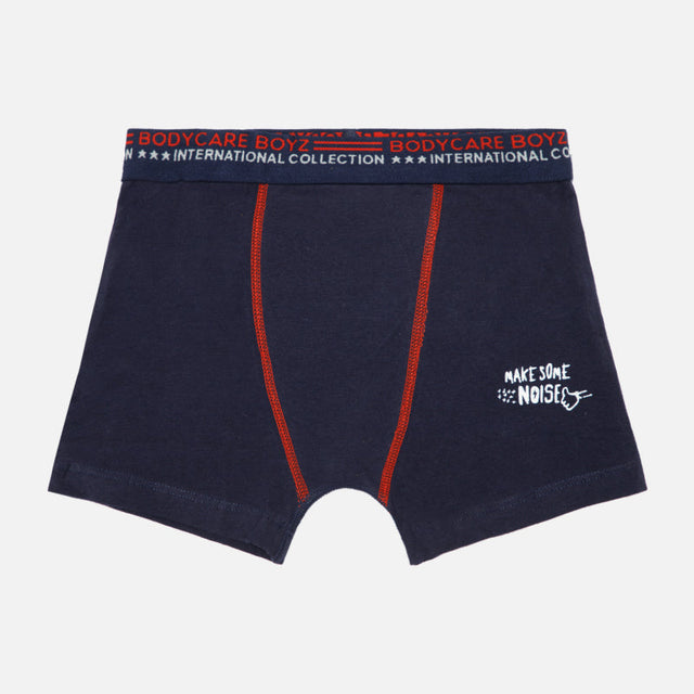 Boys' navy blue innerwear boxer with red stitching and 'Make Some Noise' print