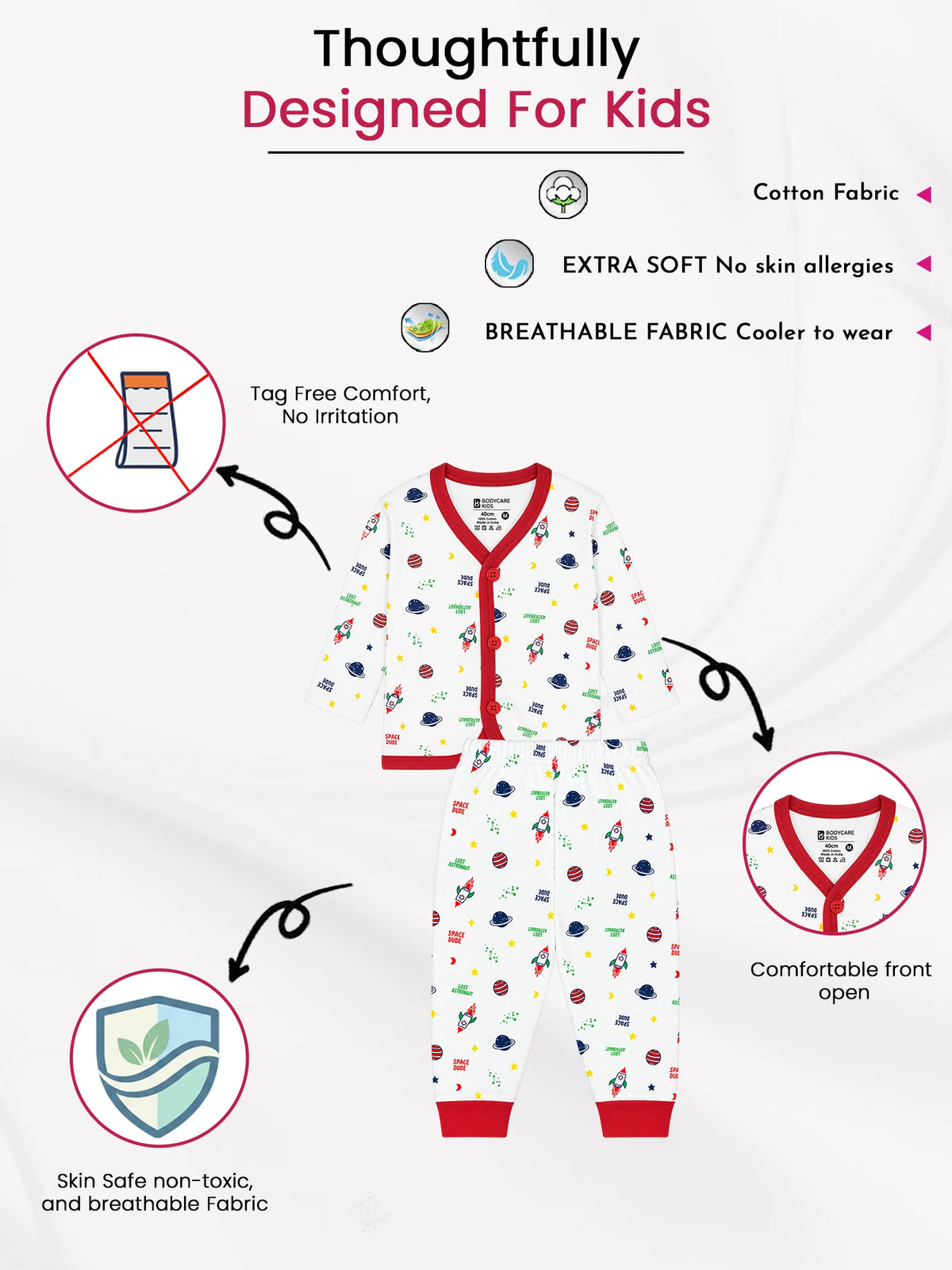 Unisex Baby Cotton Blend Front Open Top and Pyjama Set for Soft Nightwear Comfort and Easy Regular Dressing
