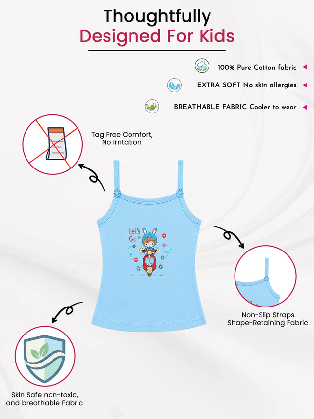 Girls Printed 100% Cotton Vest Camisole, Sleeveless Design and Everyday Innerwear Comfort - Pack of 4