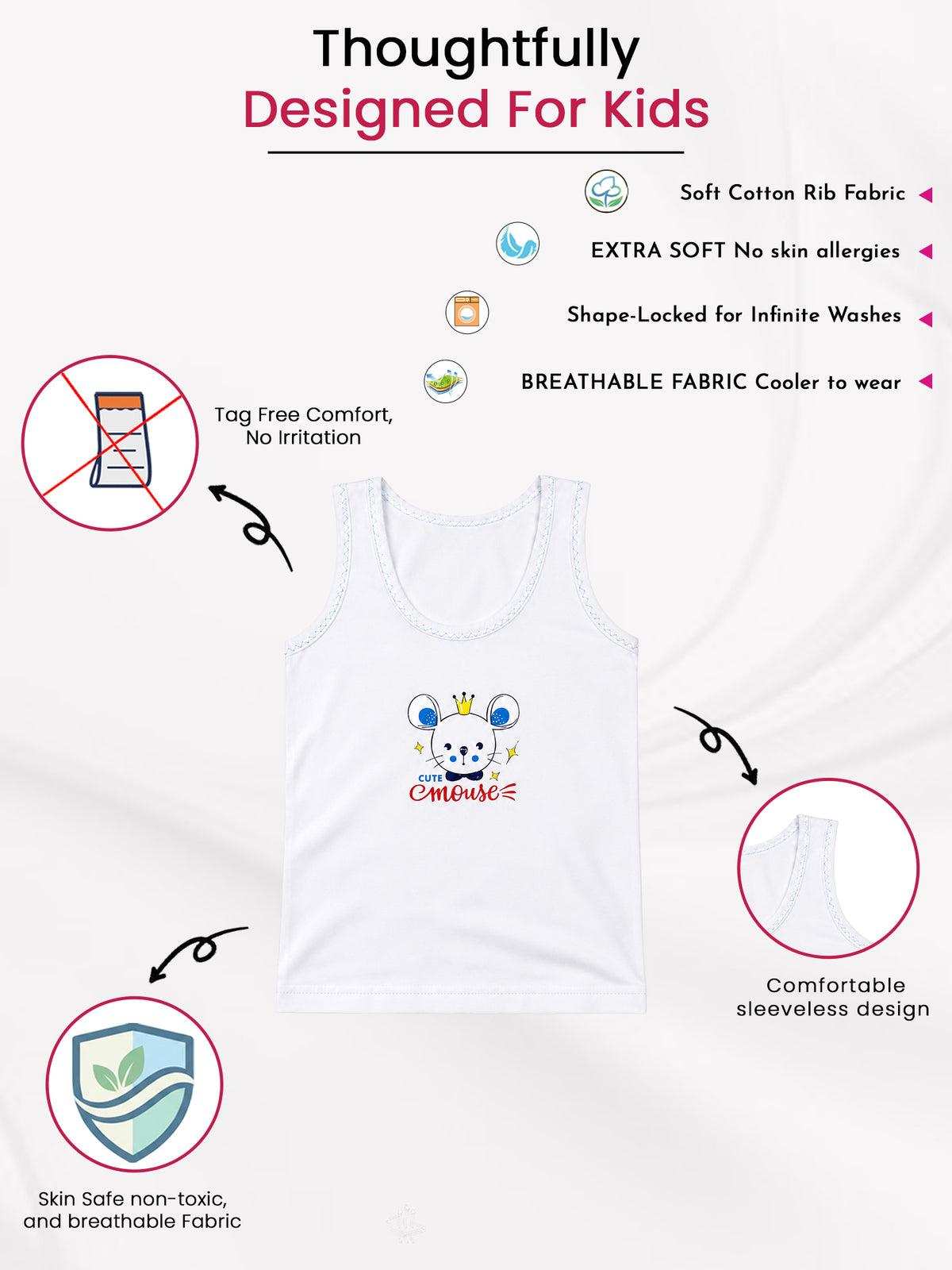 Baby Boys Round Neck Sleeveless Vest Innerwear for Comfortable Daily Wear, Easy Movement and Regular Use - Pack of 3