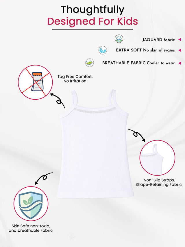 White kids' sleeveless innerwear vest with non-slip straps, extra soft, breathable, skin-safe fabric.