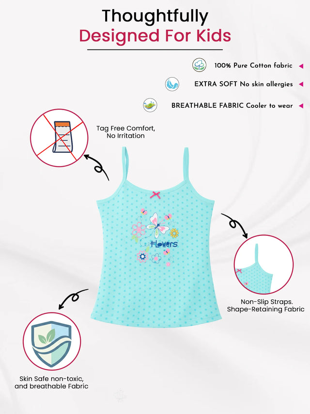 Light blue cotton kids camisole with floral print, non-slip straps, breathable, soft fabric