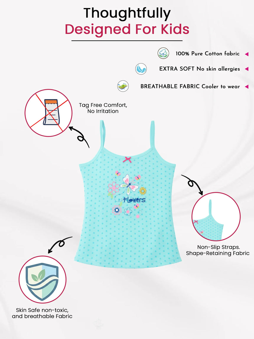 Light blue cotton kids camisole with floral print, non-slip straps, breathable, soft fabric