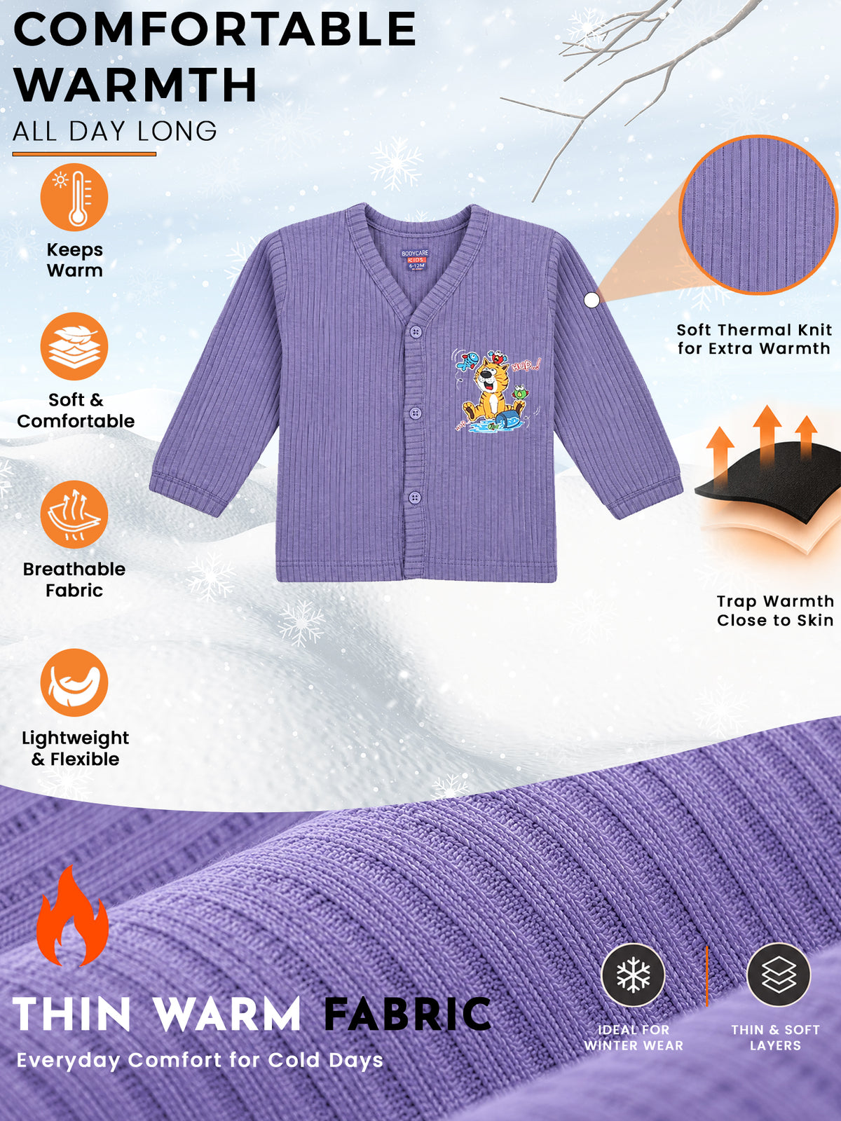Unisex Front Open Thermal Top with Full Sleeves, Warm Innerwear Comfort and Practical Winter Essential - Pack of 1