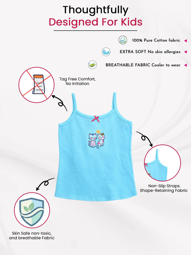 Blue kids' cotton camisole with cute cat print, tag-free, non-slip straps, extra soft fabric