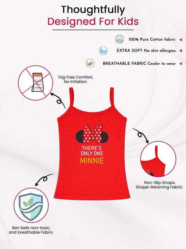 Red kids camisole with Minnie Mouse design, non-slip straps, tag-free, soft breathable cotton