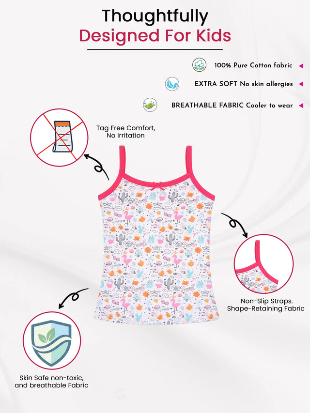 Kids cotton camisole with pink trim, fun animal print, tag-free, non-slip straps, breathable fabric