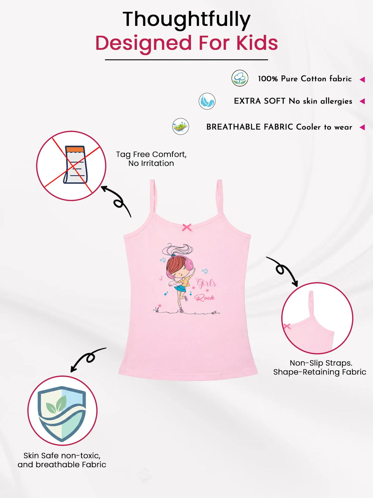 Pink girls cotton camisole with cartoon print, non-slip straps, tag-free, extra soft, breathable