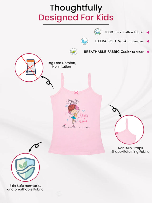 Pink girls cotton camisole with cartoon print, non-slip straps, tag-free, extra soft, breathable