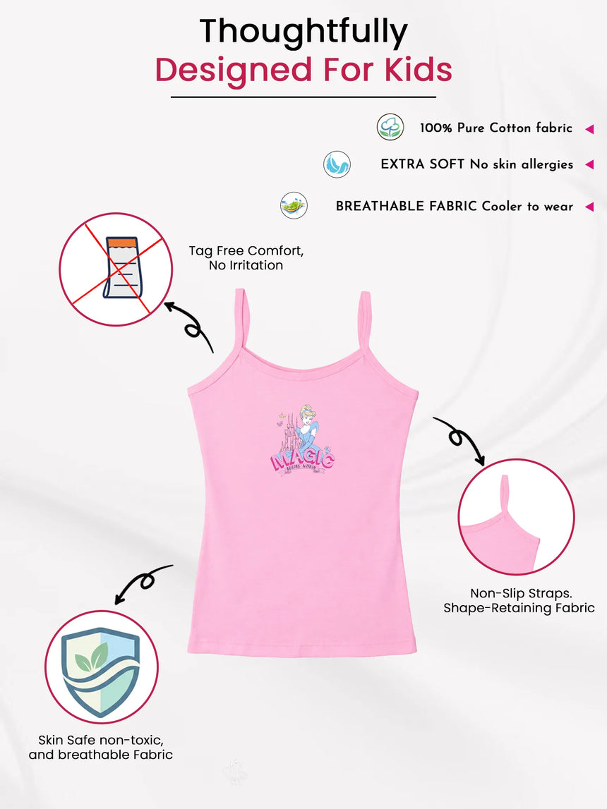 Pink girls' cotton camisole with cartoon print, tagless, soft breathable fabric, non-slip straps, safe for kids.