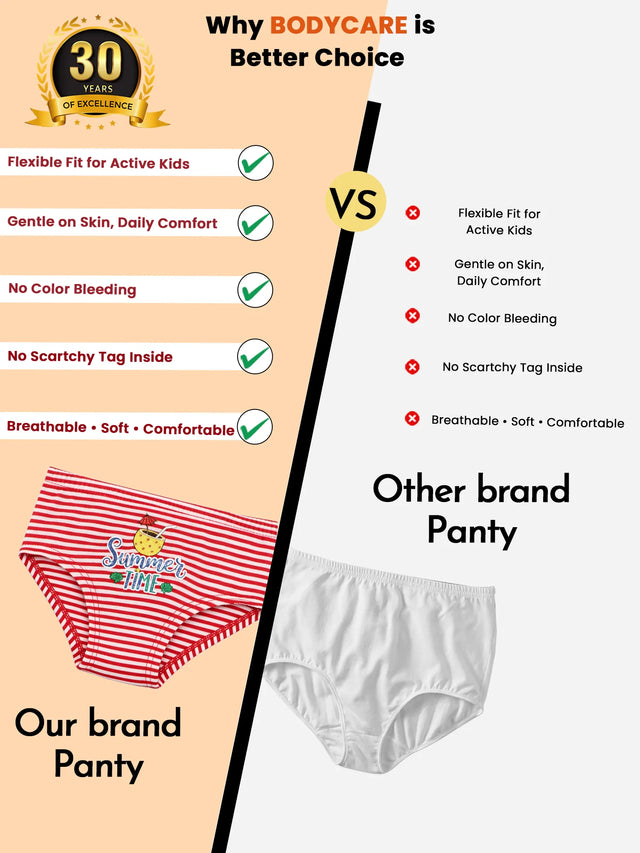 Comparison chart of kids striped red panty with comfortable, soft features versus plain white panty