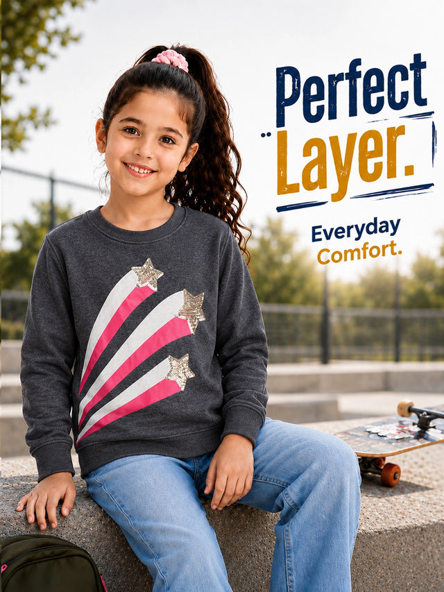 Girls Round Neck Full Sleeve Sweatshirt with Comfortable Fit for Casual Wear, Lounge Comfort and Regular Use