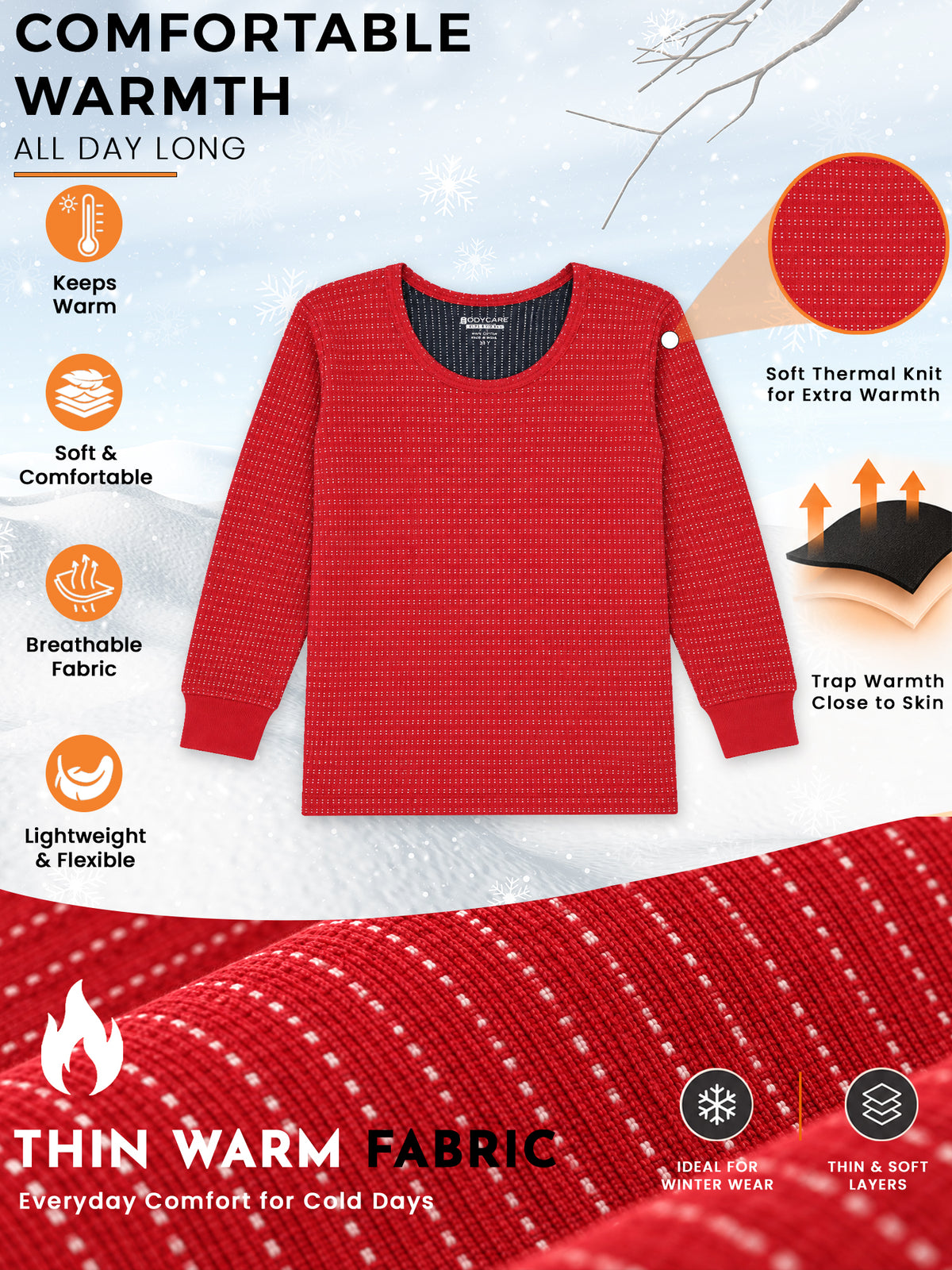 Unisex Antibacterial Thermal Top with Round Neck and Full Sleeves for Winter Base Layering and Cold-Weather Comfort