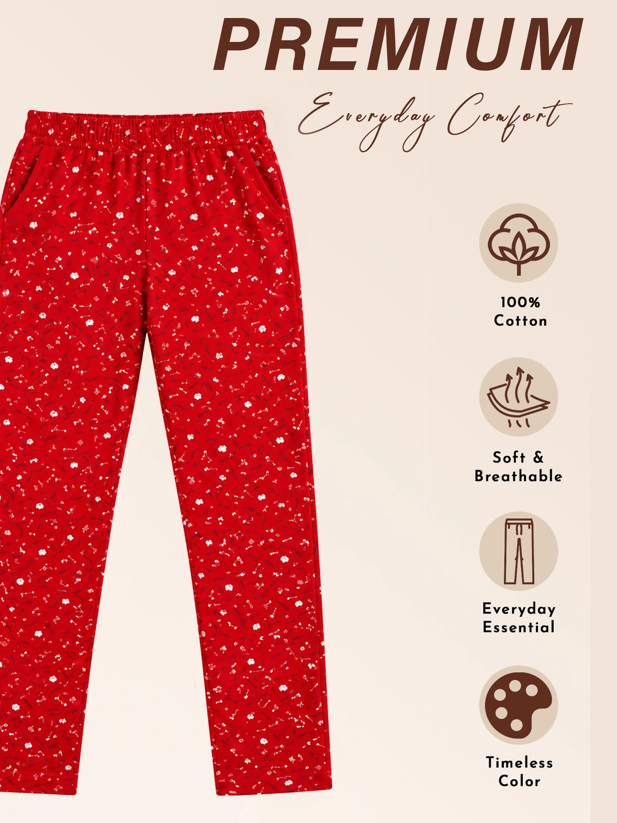 Women 100% Cotton Lower Pyjama with Side Pockets and Skinny Fit Track Pant Style for Casual Active Wear