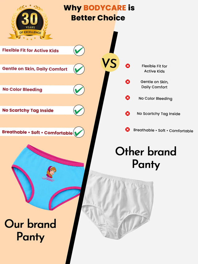 Comparison chart showing blue kids' panty with pink trim versus plain white panty, highlighting features like flexible fit, soft breathable fabric, and comfort for active kids.