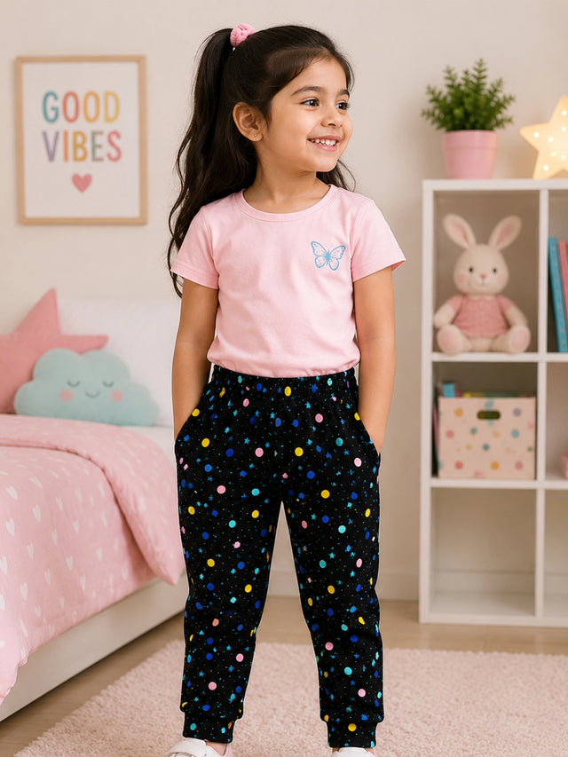 Girls 100% Cotton Printed Track Pant with Side Pockets and Regular Fit Jogger Styling for Comfortable Kids Activewear