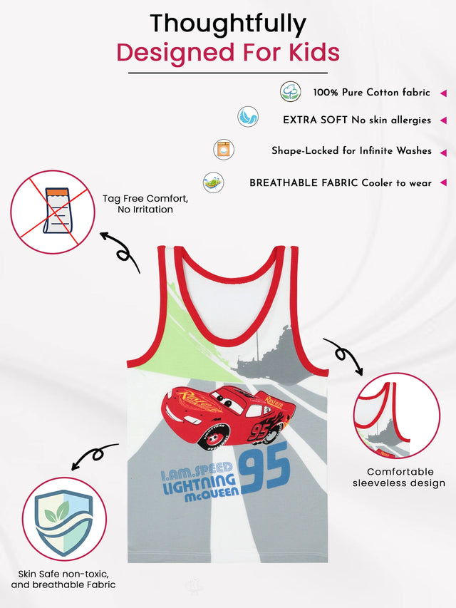 Boys Cars Innerwear Vest 100% Cotton Skin Friendly Lightweight Sleeveless Cartoon Print for Everyday Comfort - Pack of 3