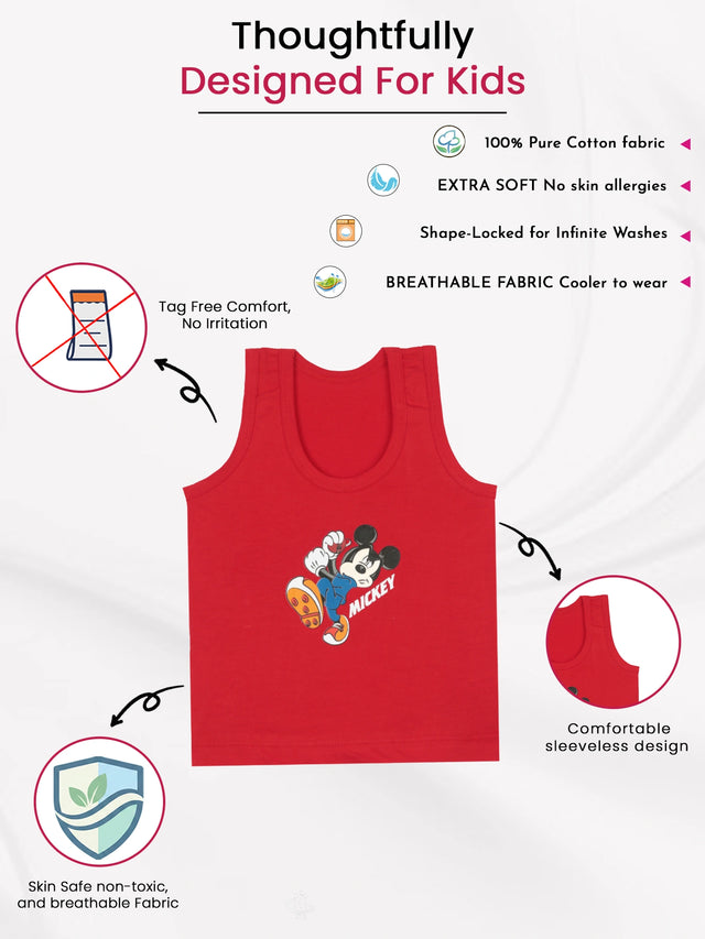 Boys Mickey & Friends Innerwear Vest 100% Cotton Skin Friendly Lightweight Round Neck Sleeveless for Everyday Comfort - Pack of 3