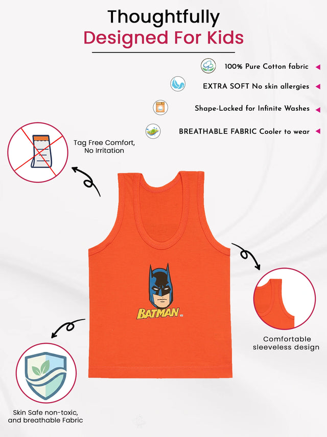 Boys Justice League 100% Cotton Sleeveless Vest with Lightweight Skin Friendly Everyday Innerwear Comfort - Pack of 3