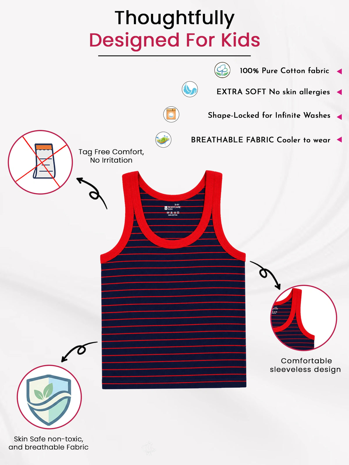 Boys Striped Round Neck Sleeveless Innerwear Vest for Everyday Comfort, Easy Layering and Wardrobe Essentials - Pack of 3