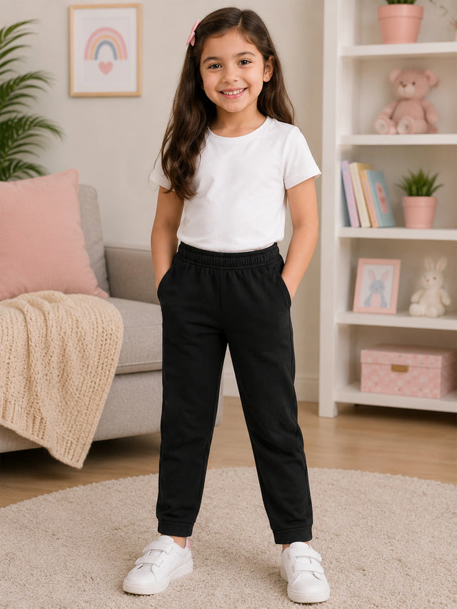 Girls 100% Cotton Solid Track Pant with Side Pockets and Regular Fit Jogger Styling for Comfortable Kids Activewear