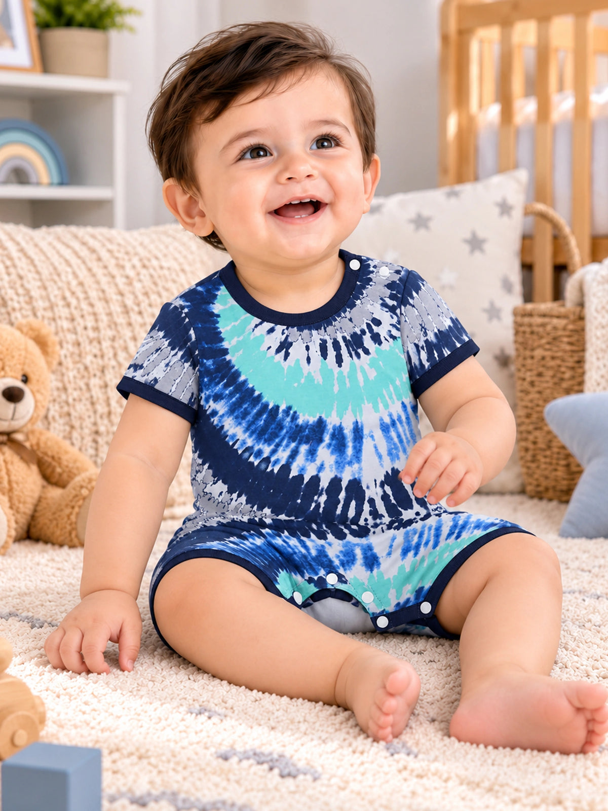 Baby Boys 100% Cotton Half Sleeve Romper with Onesie Styling for Comfortable Baby Dress and Sleepwear Use