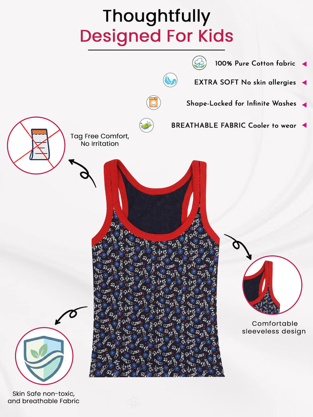 Boys Innerwear Vest Round Neck Sleeveless Printed for Everyday Comfort, Easy Layering and Kids Essentials - Pack of 3