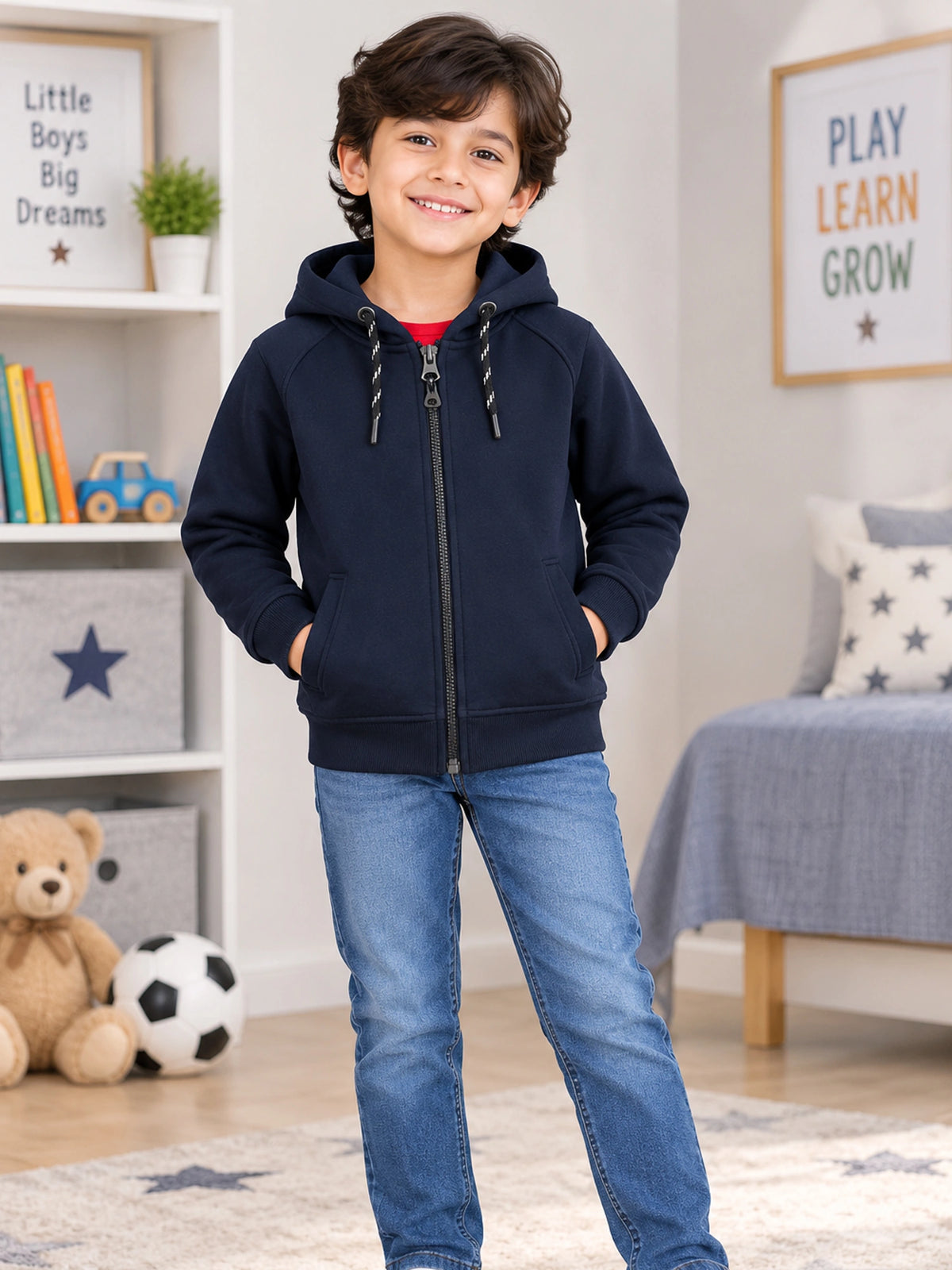 Boys Fleece Hooded Full Sleeve Top for Warm Casual Wear, Comfortable Coverage and Everyday Winter Use - Pack of 1