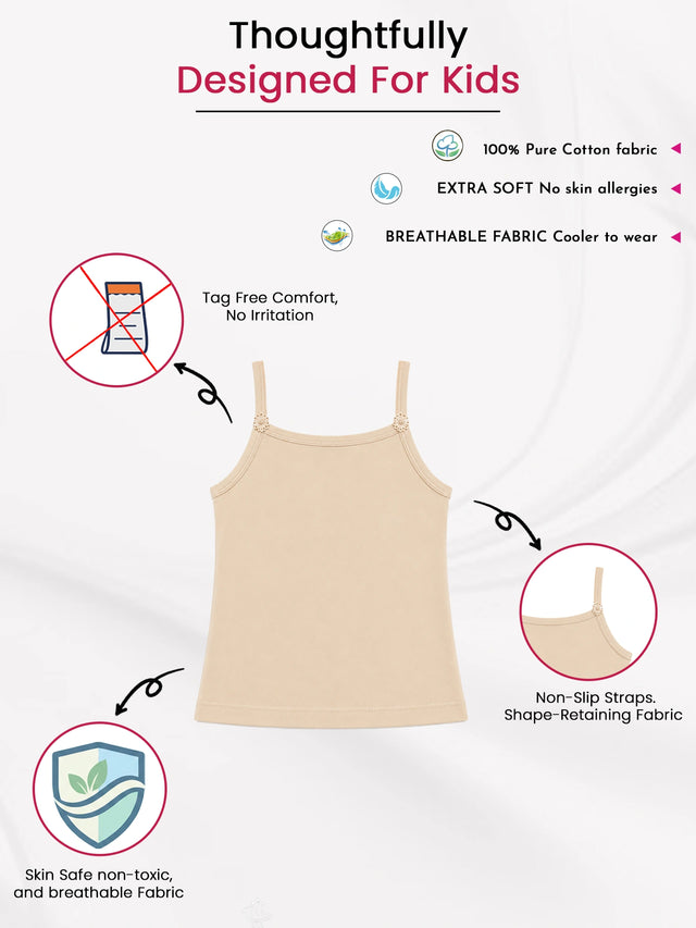 Girls 100% Cotton Printed Sleeveless Vest Camisole for Everyday Innerwear Comfort and Regular Use - Pack of 4