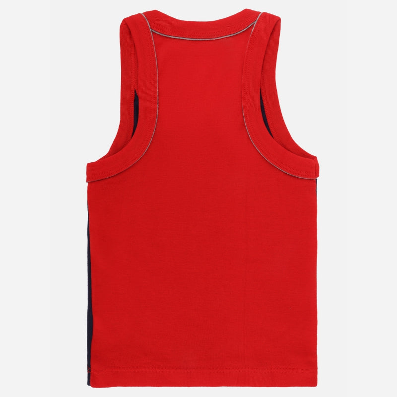 Kids red sleeveless cotton vest, back view, soft innerwear for boys or girls