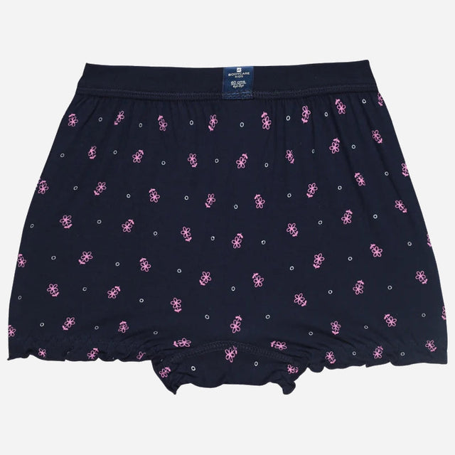 Girls navy blue printed innerwear shorts with pink floral pattern, soft cotton fabric