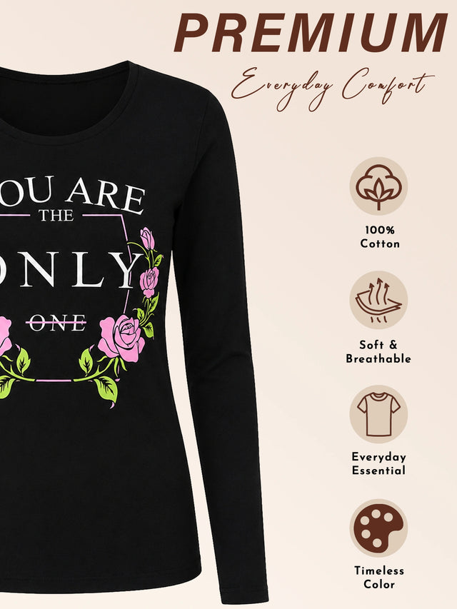 Women Cotton T-Shirt Round Neck Full Sleeves with Regular Fit Graphic Printed Styling for Everyday Casual Wear