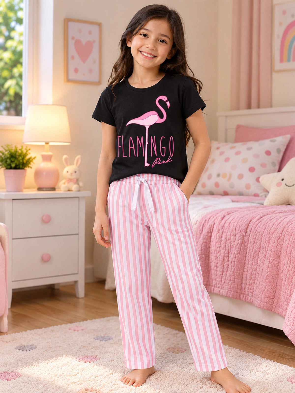 Girls Cotton Printed T-Shirt and Pajami Night Suit Set for Comfortable Sleepwear, Lounge Wear and Regular Nightwear Use