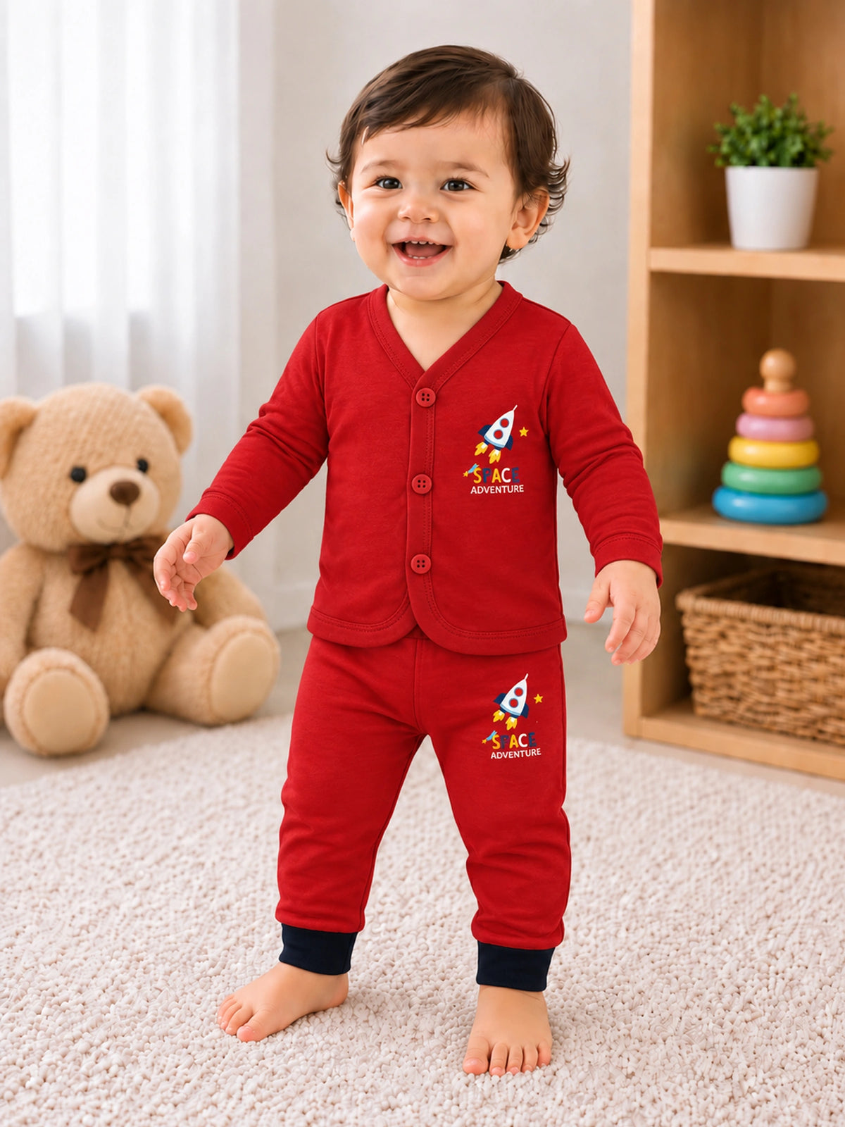 Unisex Baby Cotton Blend Front Open Top and Pyjama Set for Soft Nightwear Comfort and Easy Regular Dressing