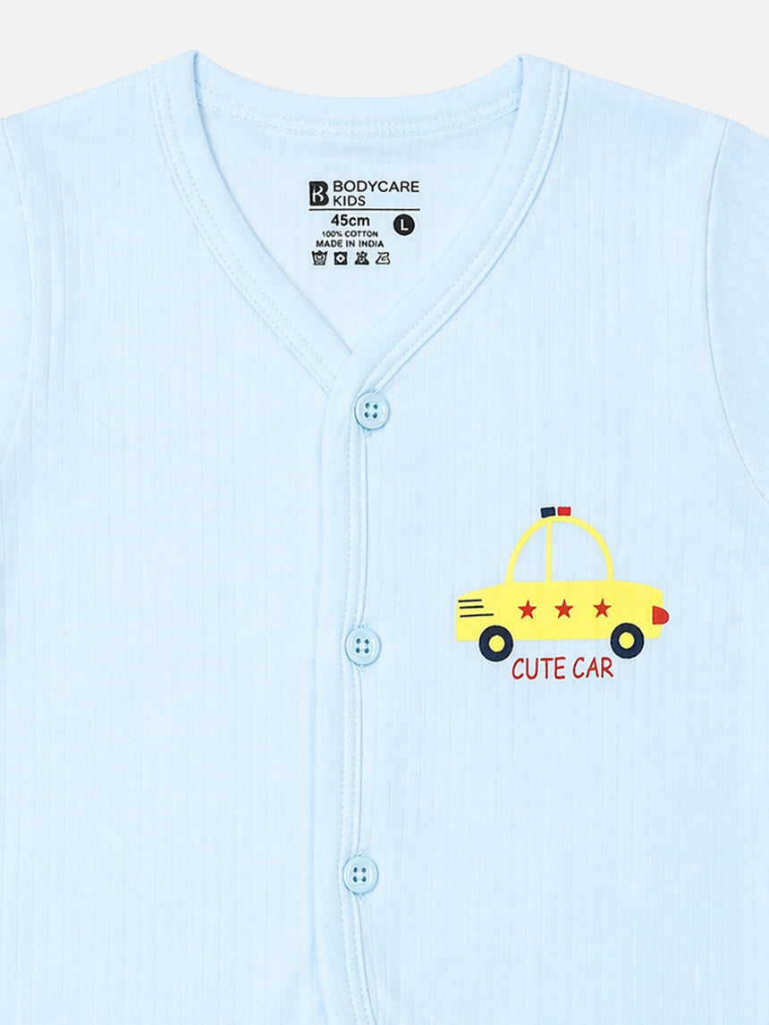 Baby Cotton Rich Front Open Half Sleeves Short Suit Solid Rib