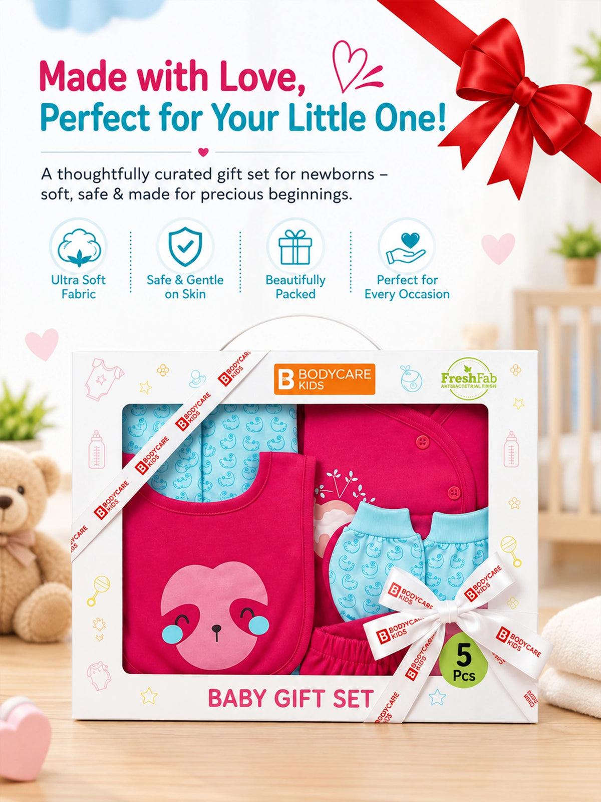 Bodycare Newborn Baby Gift Set for Boys & Girls, Cotton Clothing Set, Hospital Ready Combo Gift Hamper (5 Pcs, 0-6 Months)