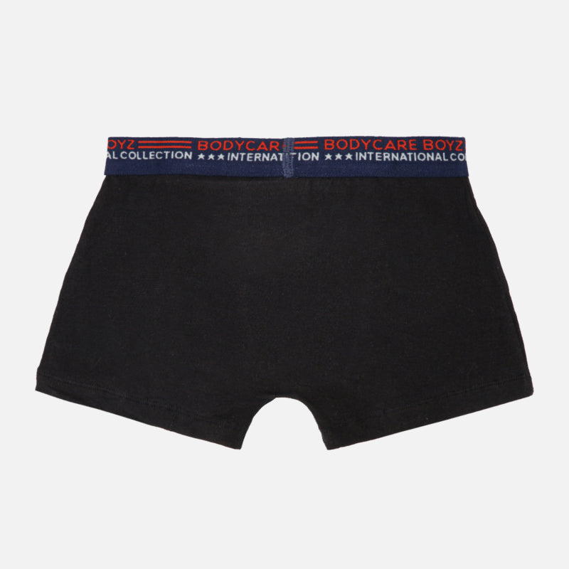 Black boys innerwear boxer shorts with blue elastic waistband and red text, back view